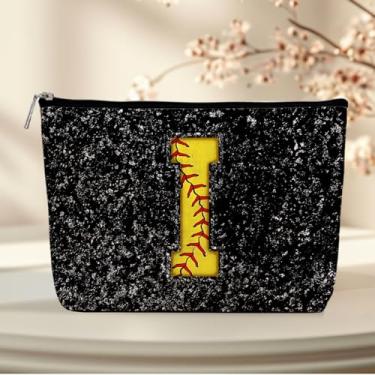 Imagem de Bolsa de maquiagem inicial, monograma, letra I, bolsa de cosméticos, bolsa de softball, acessórios para meninas, mulheres, jogadoras, treinadoras, amigas, presentes de aniversário de formatura