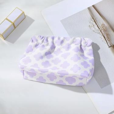 Imagem de Bolsa de cosméticos feminina de grande capacidade, organizador de maquiagem com fecho automático, bolsa de troca portátil, bolsa de armazenamento elegante e multifuncional para mulheres (roxo/laranja