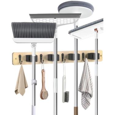 Imagem de Suporte de vassoura montado na parede, 4 suportes de madeira clara e 4 ganchos, suporte de esfregão e vassoura de madeira com borracha antiderrapante, suporte de escova de madeira de pinho natural