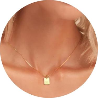 Imagem de Colar com inicial feminina, pingente retangular banhado a ouro 18K, joia mínima de A a Z, colar personalizado, 18+2in, Aço inoxidável, Sem Pedra Preciosa