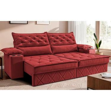 Imagem de Sofá Retrátil E Reclinável 2,10m Com Porta Copos E Molas Cosmos. Velusoft Cama Inbox Vermelho