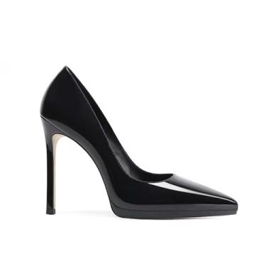 Imagem de PFKXQBXC Sapatos femininos de salto alto pontiagudo de couro envernizado primavera verão outono plataforma impermeável boca rasa elevando, Preto, 36 BR