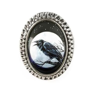 Imagem de Anel Raven Nevermore - arte de corvo de Halloween, pulseira ajustável de prata ou bronze antigo, bijuteria oval feita à mão - 97, Adjustable 5-10, Metal, Sem pedra preciosa