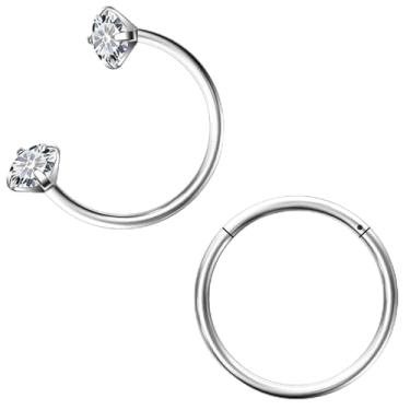 Imagem de Lcolyoli Anel de nariz em ferradura de aço cirúrgico 18G, argolas articuladas para mulheres e homens, tragus helix, brincos Daith, piercing joias, Metal, Zircônia cúbica