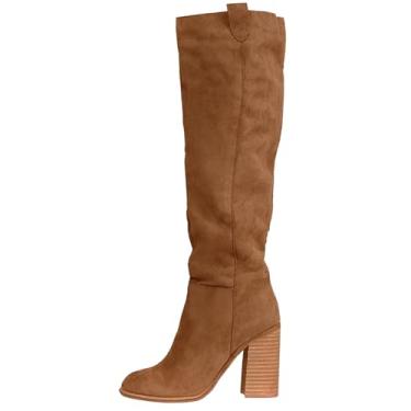 Imagem de ZJGZF Botas de cano alto femininas de camurça de couro de camurça, botas de salto alto despojadas grossas de salto alto cowgirl western cowboy sapatos de equitação, Marrom, 36