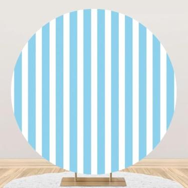 Imagem de DORCEV Capa de fundo redonda listrada azul e branco azul 2 x 2 m, pano de fundo listrado azul e branco para chá de bebê recém-nascido festa de aniversário banner decoração crianças adultos retratos