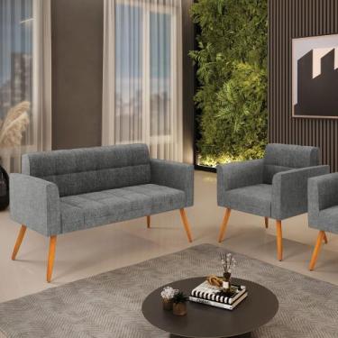 Imagem de Kit 1 Sofá Namoradeira e 1 Poltrona Elisa Linho Grafite A26 Pés Palito