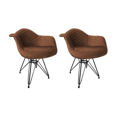 Imagem de Kit 2 Poltronas Jantar Estofadas Caramelo Base Ferro Preto Amarelo