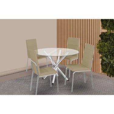 Imagem de Conjunto: Mesa Sala Jantar Volga C- Tampo De Vidro 95cm E 4 Cadeiras Amsterdã Cromada - Courano Capuccino - Kappesberg