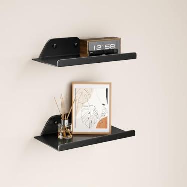 Imagem de Prateleiras flutuantes para parede, prateleiras de metal fora do centro para sala de estar, 20 cm decoração moderna preta pendurada quarto banheiro cozinha plantas (2 peças)