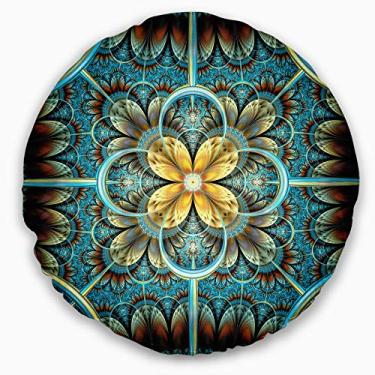 Imagem de Sala de estar redonda floral design de flor fractal grande azul e amarelo Designart, sofá, almofada de alta qualidade + capa de almofada impressa em ambos os lados 50 cm
