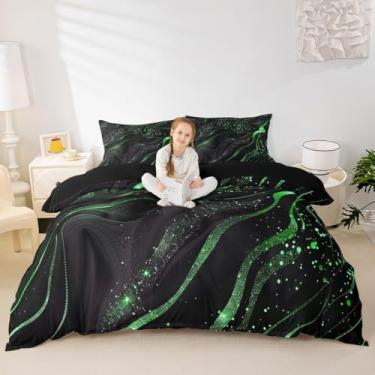 Imagem de Erosebridal Capa de edredom com textura de mármore, tamanho casal, preto, verde, para adultos, homens, mulheres, glitter, pedra estética, moderna, capa de edredom em aquarela, luxuosa, marmorizada