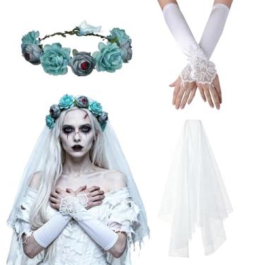 Imagem de Acessórios de fantasia de noiva de zumbi, véu de noiva, coroa floral, gótico, assustador, fantasma, noiva, luvas de casamento para cosplay de Halloween, Branco, azul, Standard