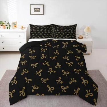 Imagem de Feelyou Conjunto de cama com laço preto dourado macio para meninos e meninas, conjunto de edredom kawaii, tamanho casal, com laço e laço de microfibra, laço de princesa, decoração de quarto feminino