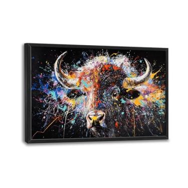 Imagem de Arte de parede emoldurada de vaca grande para sala de estar, decoração de parede de vaca iaque de grafite grande Banksy Bull pintura em tela imagens de animais arte moderna para sala de estar quarto