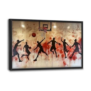Imagem de Flintis Arte de parede emoldurada para esportes de basquete grandes imagens de jogadores de basquete decoração de parede pintura em tela de grafite abstrato obras de arte emolduradas para sala de
