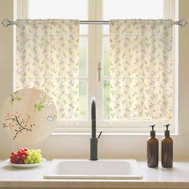 Imagem de ShfiYolx Cortinas Kitchen Cafe 91 cm de comprimento, meia cortina para janela pequena, estampa floral e acabamento de borlas, design de bolso para varão cortina de janela curta para banheiro