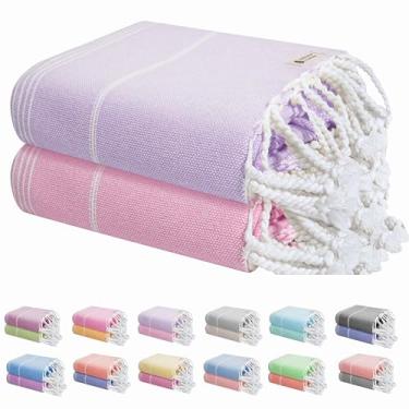 Imagem de HEIRLOOM COMFORT Pacote com 2 toalhas de praia turcas, grandes 102 x 180 cm, leves, sem areia, secagem rápida, absorvente, spa, piscina, toalhas de viagem, 100% algodão - lavanda e rosa