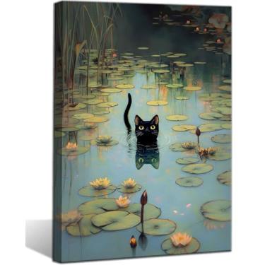 Imagem de Water Lily Black Cat Canvas Wall Art Funny Lotus Black Cat Decor Pictures Retro Classic Impressionist Nature Painting Poster Prints for Home Decoration Bathroom Bedroom Room Decoration