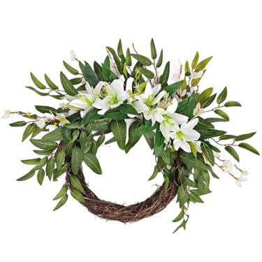 Imagem de LUMINFLY Guirlanda decorativa de primavera de 50 cm/50.8 cm, design de várias camadas, flores brancas e folhas verdes, decoração de casa para todas as estações da porta da frente artificial feita à