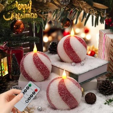 Imagem de Velas esféricas de Natal sem chamas - Velas de bola cintilante de cera vermelha e branca com glitter, operadas por bateria com controle remoto, decorações de Natal de bengala doce, decoração de centro
