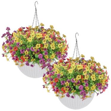 Imagem de HEbsjjhd 2 conjuntos de cestas de flores artificiais para pendurar ao ar livre, 2 conjuntos de cestos pendurados para separação seca e úmida, adequado para varandas, terraços, pátio e decoração de