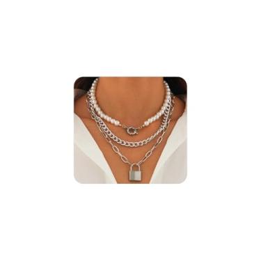 Imagem de Colar gargantilha feminina grossa de pérolas douradas em camadas, vintage, clipe de papel, com pingente de cadeado, acessórios de joias modernos, presentes, Large, Liga de aço, Sem Pedra Preciosa