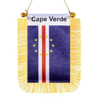 Imagem de JBSJBS Bandeira pendurada de Cabo Verde mini bandeiras de janela de carro pequenas bandeiras de espelho retrovisor decoração bandeiras de cabo verde com ventosa com franjas douradas dupla face 7,6 x