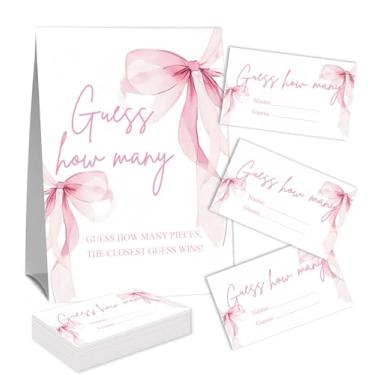 Imagem de Placa Guess How Many Candies (1 placa de pé e 50 cartões de adivinhação) Kit de cartas de jogo de atividades com tema de arco rosa para chás de bebê, festas de recém-nascidos, chá de casamento de