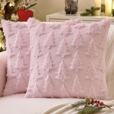 Imagem de MIULEE Capas de almofada decorativas para árvore de Natal 45,7 x 45,7 cm, conjunto de 2 fronhas de lã sintética de pelúcia rosa, decoração de casa, almofadas para sofá, cama, varanda e sala de estar