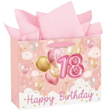 Imagem de WRAPAHOLIC Sacos de presente de aniversário de 18 anos de 33 cm com papel de seda - 18 anos - Sacos de papel balão ouro rosa para meninas e mulheres festa de aniversário
