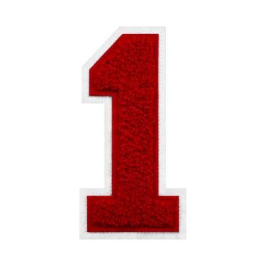 Imagem de Patch de chenille vermelho número 1 de 15 cm com borda branca para passar a ferro ou costurar para jaquetas letterman uniformes de equipe, mochilas duráveis e resistentes ao desbotamento (01)