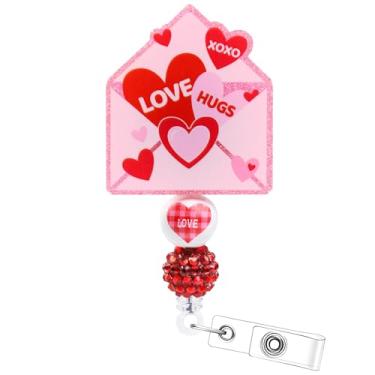 Imagem de Carretel de crachá de dia dos namorados - cosmisun Heart Love Badge Holder com clipe jacaré, porta-crachá de identificação dos namorados, carretel retrátil para enfermeira, enfermagem, estudante