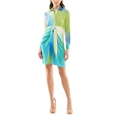 Imagem de Nicole Miller Vestido feminino de cetim de manga comprida com gola e laço frontal, Azul deslumbrante, 46