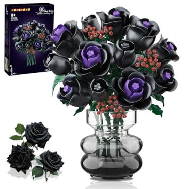 Imagem de HOGOKIDS Conjunto de construção de ramo flores - 15 rosas pretas de Halloween coleção botânica blocos flores artificiais 330 peças decoração de casa aniversário para adultos meninos meninas