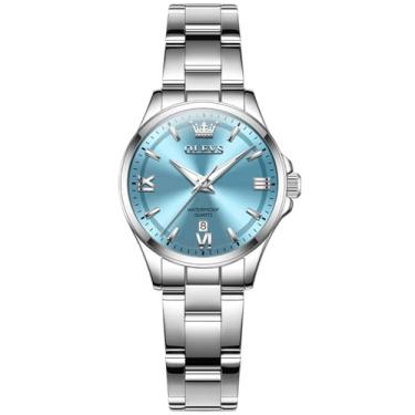 Imagem de OLEVS Relógios femininos de aço inoxidável, relógio feminino prateado de luxo com data, analógico à prova d'água, quartzo delicado, mostrador branco/rosa/azul/roxo, Face azul/pulseira prata