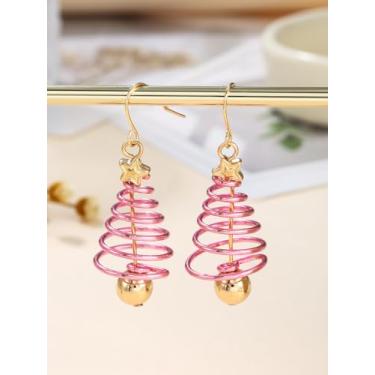 Imagem de Brincos de árvore de Natal para mulheres, pingente rosa, laço dourado, Papai Noel, presentes de Natal, presentes de amizade para mulheres, Medium, Latão, Sem pedra preciosa