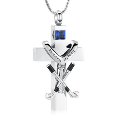 Imagem de zeqingjw Colar de urna com cruz para cinzas, pedra do mês de nascimento, cremação, tacos de golfe, joias para cinzas, lembrança de cinzas, pingente de cinzas de aço inoxidável, suporte de cinzas para