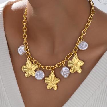 Imagem de Colar em camadas de ouro para mulheres, corrente grossa, flor de pérola, estrela-do-mar, pingente de joia de presente com vários fios, Medium, Latão, Sem Pedra Preciosa