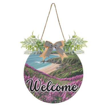 Imagem de SEHANY Placa de boas-vindas de flores e mar, decoração de porta da frente, guirlanda de boas-vindas redonda para decoração de casa de fazenda, varanda e pátio, 30 x 30 cm