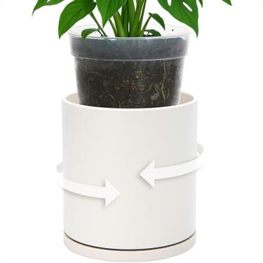 Imagem de D'vine Dev Conjunto de plantador de camada dupla – Cachepot de plástico rotativo com forro interno transparente para a saúde das raízes, perfeito para plantas de interior, 16,5 cm, aveia, 73-U-D-2