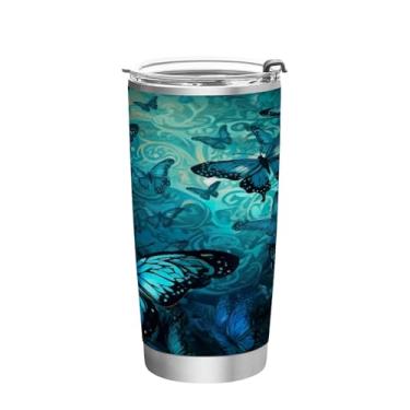 Imagem de Blueangle Copo de 590 ml com tampa e canudo, copo de café com água isolada a vácuo de aço inoxidável, caneca de viagem borboleta copo térmico para bebidas quentes e frias (368)