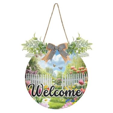 Imagem de SEHANY Placa de boas-vindas com flores de jardim, decoração de porta da frente, guirlanda de boas-vindas redonda para decoração de casa de fazenda, varanda, pátio, 30 x 30 cm