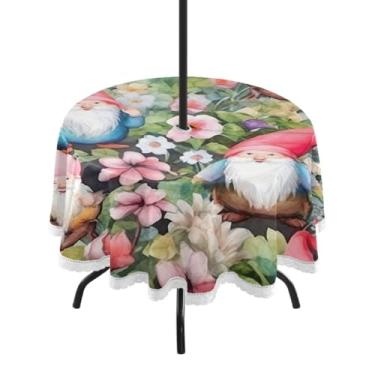 Imagem de ATTX Toalha de mesa redonda Gnomos Flower Outdoor – 152 cm, impermeável, à prova de derramamento, uso interno/externo, com orifício para guarda-chuva com zíper para acampamento, piquenique, praia