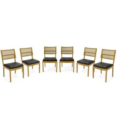 Imagem de Kit Com 6 Cadeiras Milena Madeira Maciça Assentos Estofados Encostos De Tela Palha Sextavada Courino Preto 503