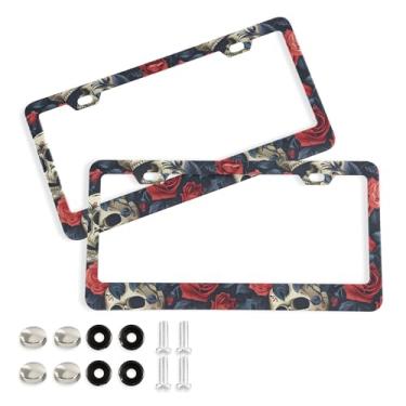 Imagem de SEHANY Molduras de placa de carro vintage rosa crânio, capas de alumínio à prova de ferrugem com furos elípticos e parafusos serve para veículos padrão dos EUA tamanho acessórios de carro para