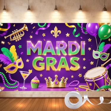 Imagem de Pano de fundo de carnaval 188 x 119 cm – faixa colorida de festa de carnaval, fundo fotográfico de baile de máscaras, ilhós de latão, tema vibrante de carnaval