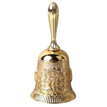 Imagem de Sino de mão vintage de latão antigo requintado padrão esculpido sino de chamada de mão para jantar festa de casamento família escola material de liga som claro alça arredondada (Ouro)