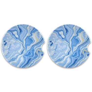Imagem de CEBUGI 2 peças de porta-copos de carro para porta-copos de cerâmica de 6,3 cm com entalhe de dedo absorvente porta-copos de copo de carro com textura de mármore azul para mulheres e homens