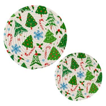 Imagem de Wassud Conjunto de trivet de árvores de Natal e flocos de neve para pratos quentes, suportes de panela redondos, almofadas quentes de algodão, porta-copos elegantes, decoração de cozinha e acessórios